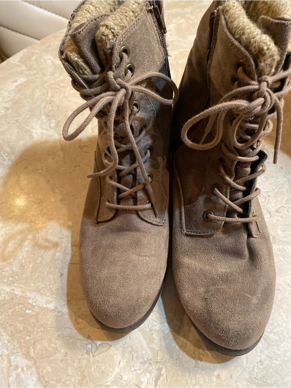 White Mountain Taupe Lace-Up Suede Ankle Boots with Faux Fur Collar